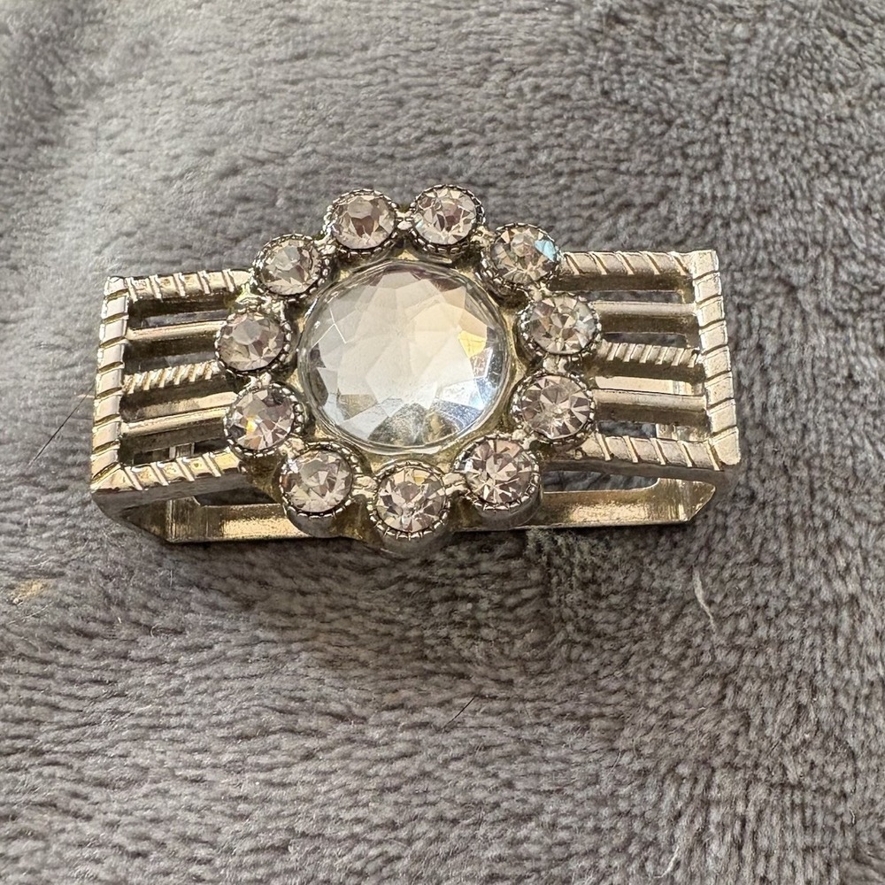 VTG 50s Silver Tone Rhinestone Scarf Clip Dress Sash Belt Buckle Sparkle Jeweled